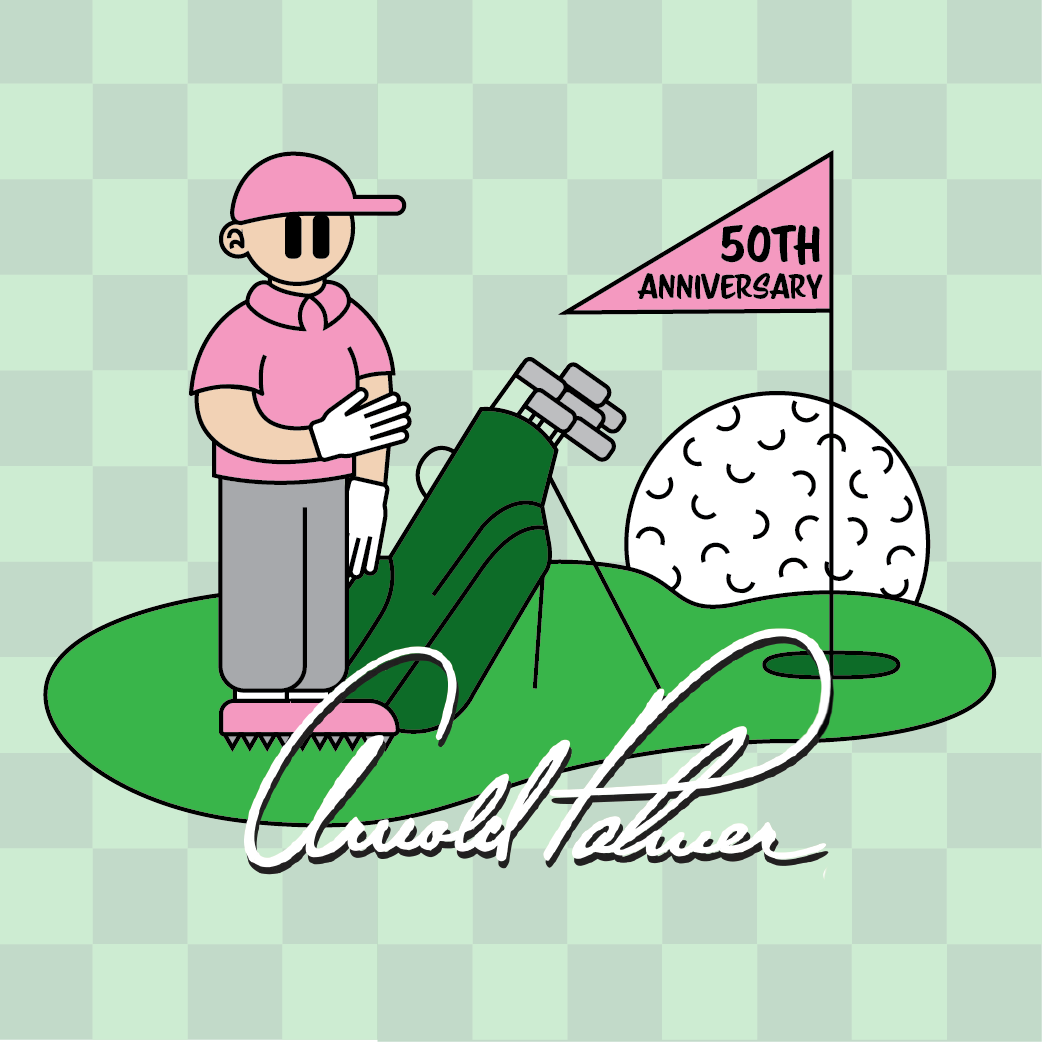 green checkered pattern with arnold palmer illustration standing on the golf green with a golf bag
