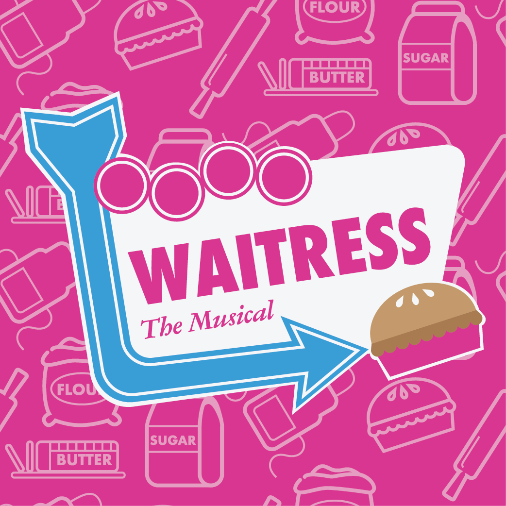 white waitress themed pattern on a pink background with a waitress logo on top