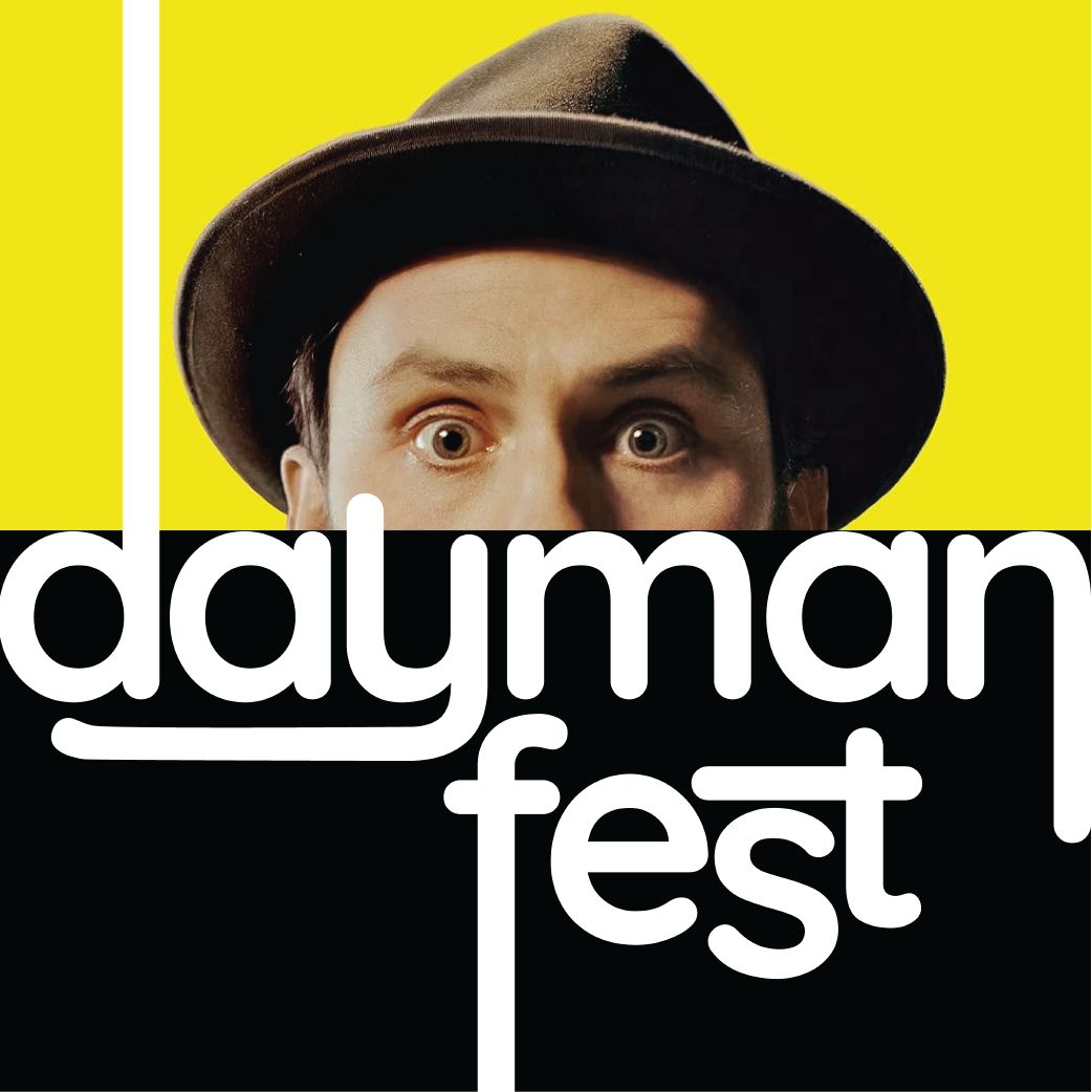 charlie day's face on a yellow background with the dayman fest lockup on top