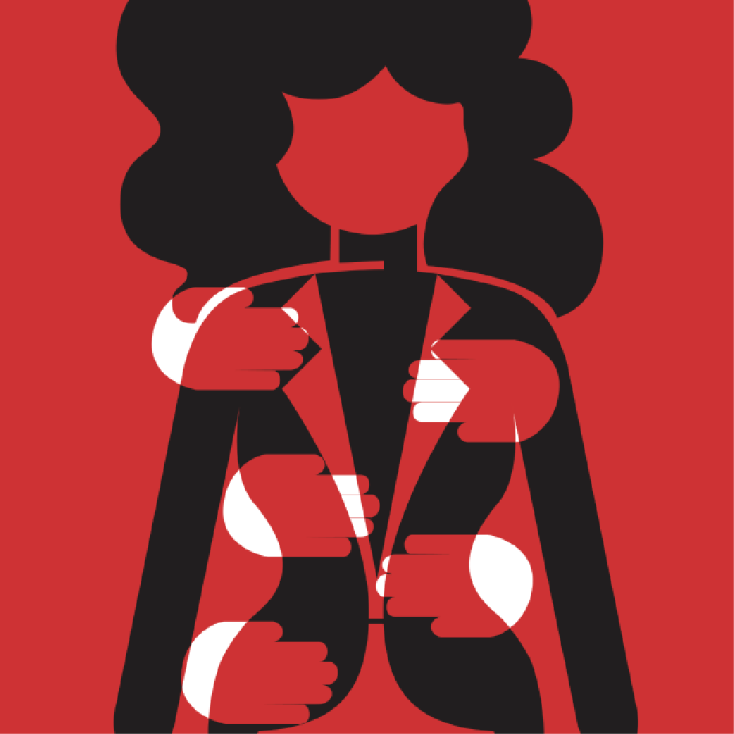 icon of a woman on a red background with red and white handprints on the icon